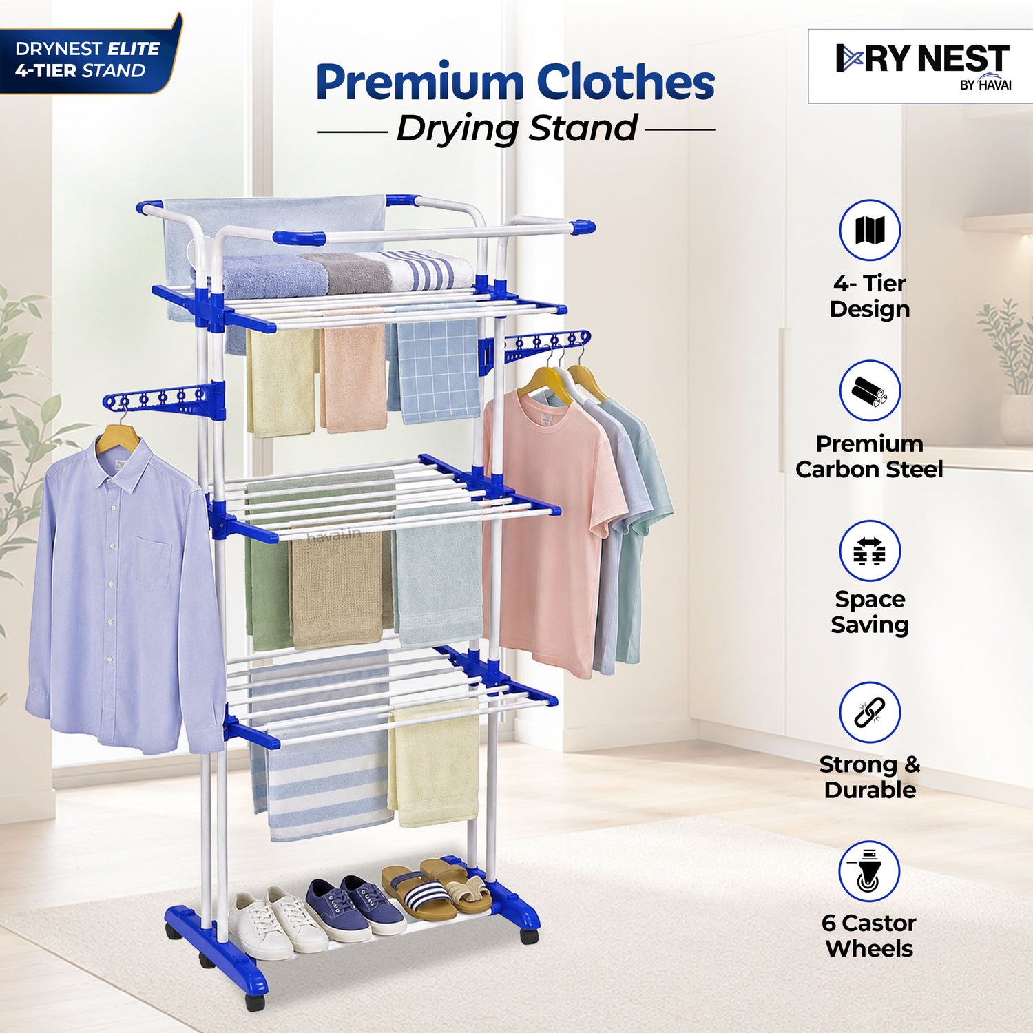 HAVAI Premium 4 Tier Stainless Steel Foldable Clothes Drying Stand with 6 Wheels | Heavy Duty Laundry Drying Rack for Indoor &amp; Outdoor Use | Rust Resistant | Space Saving Design