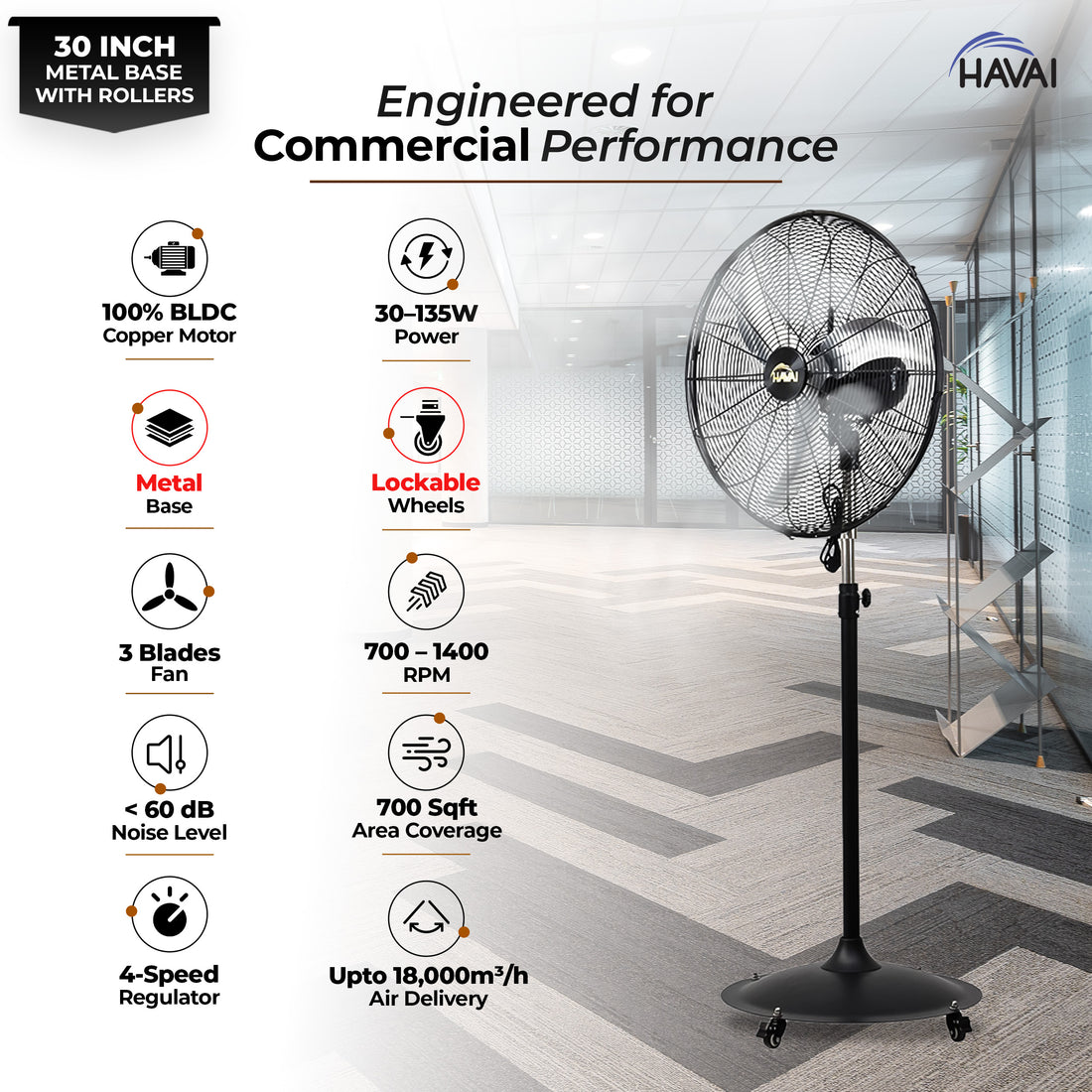 HAVAI 30-Inch Commercial BLDC Pedestal Fan (30–135W) | 2mm Aluminium Blades | Heavy-Duty Metal Base with 4 Lockable Industrial Wheels | High Air Delivery | Fingerproof Safety | 2-Year On-Site Warranty