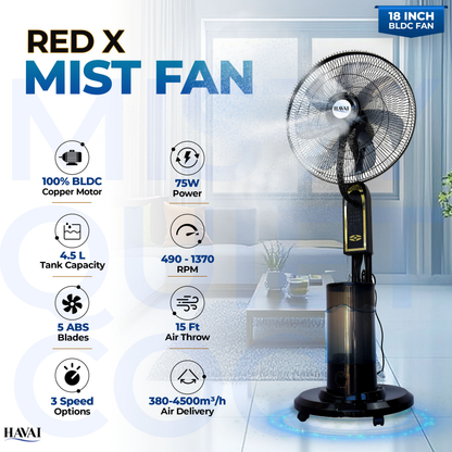 RED X 18" BLDC Mist Pedestal Fan – High-Speed, Remote &amp; Touch Control, 4.5L Tank, 75W Power, 350 Sq Ft Coverage, Easy Install, Black