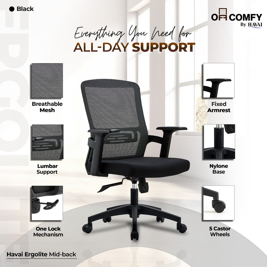 HAVAI Ergolite Mid Back Ergonomic Mesh Office Chair |  One Lock Tilt Mechanism | Fixed Armrests | Nylon Base |  Breathable Mesh Back (Black)