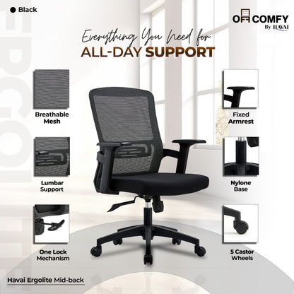 HAVAI Ergolite Mid Back Ergonomic Mesh Office Chair |  One Lock Tilt Mechanism | Fixed Armrests | Nylon Base |  Breathable Mesh Back (Black)