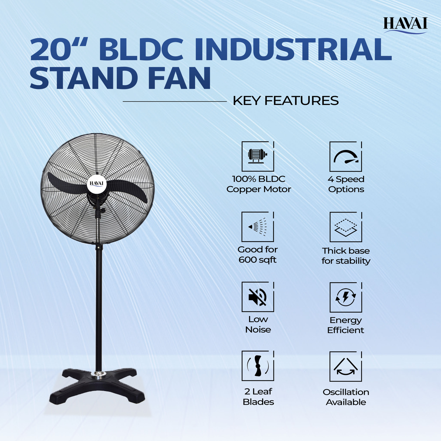 HAVAI BLDC Pedestal Fan 20 Inch, 50% Savings On Electricity, High Velocity, Heavy Duty Metal For Industrial, Commercial And Residential Use, Assembly Included , Black