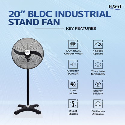 HAVAI BLDC Pedestal Fan 20 Inch, 50% Savings On Electricity, High Velocity, Heavy Duty Metal For Industrial, Commercial And Residential Use, Assembly Included , Black