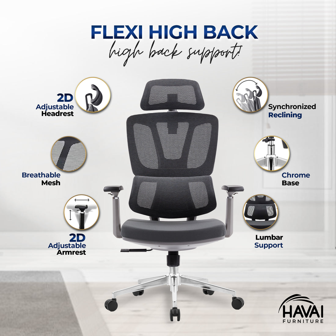 HAVAI Flexi High Back Black Mesh Ergonomic Office Chair |  Multi-Lock Synchro Tilt | Aluminium Base | Class 4 Gaslift | Seat Slider | 3D Adjustable Armrests | 50mm Casters | Premium Mesh Back &amp; Fabric Seat(Grey)