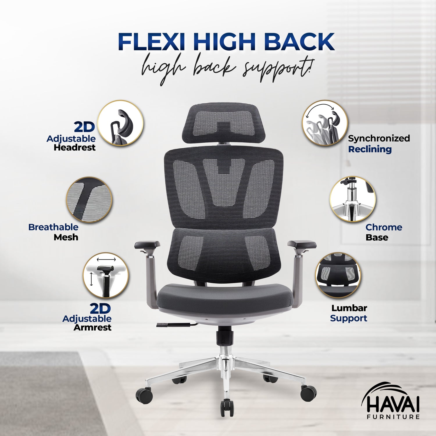 HAVAI Flexi High Back Black Mesh Ergonomic Office Chair |  Multi-Lock Synchro Tilt | Aluminium Base | Class 4 Gaslift | Seat Slider | 3D Adjustable Armrests | 50mm Casters | Premium Mesh Back &amp; Fabric Seat(Grey)