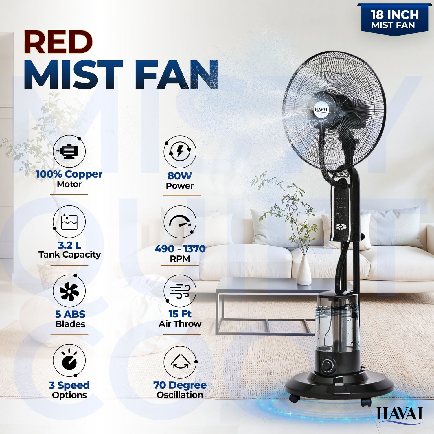 HAVAI RED 18" BLDC Mist Pedestal Fan – High-Speed, Remote &amp; Touch Control, 3.2L Tank, 80W Power, 350 Sq Ft Coverage, Easy Install, Black (Copy)