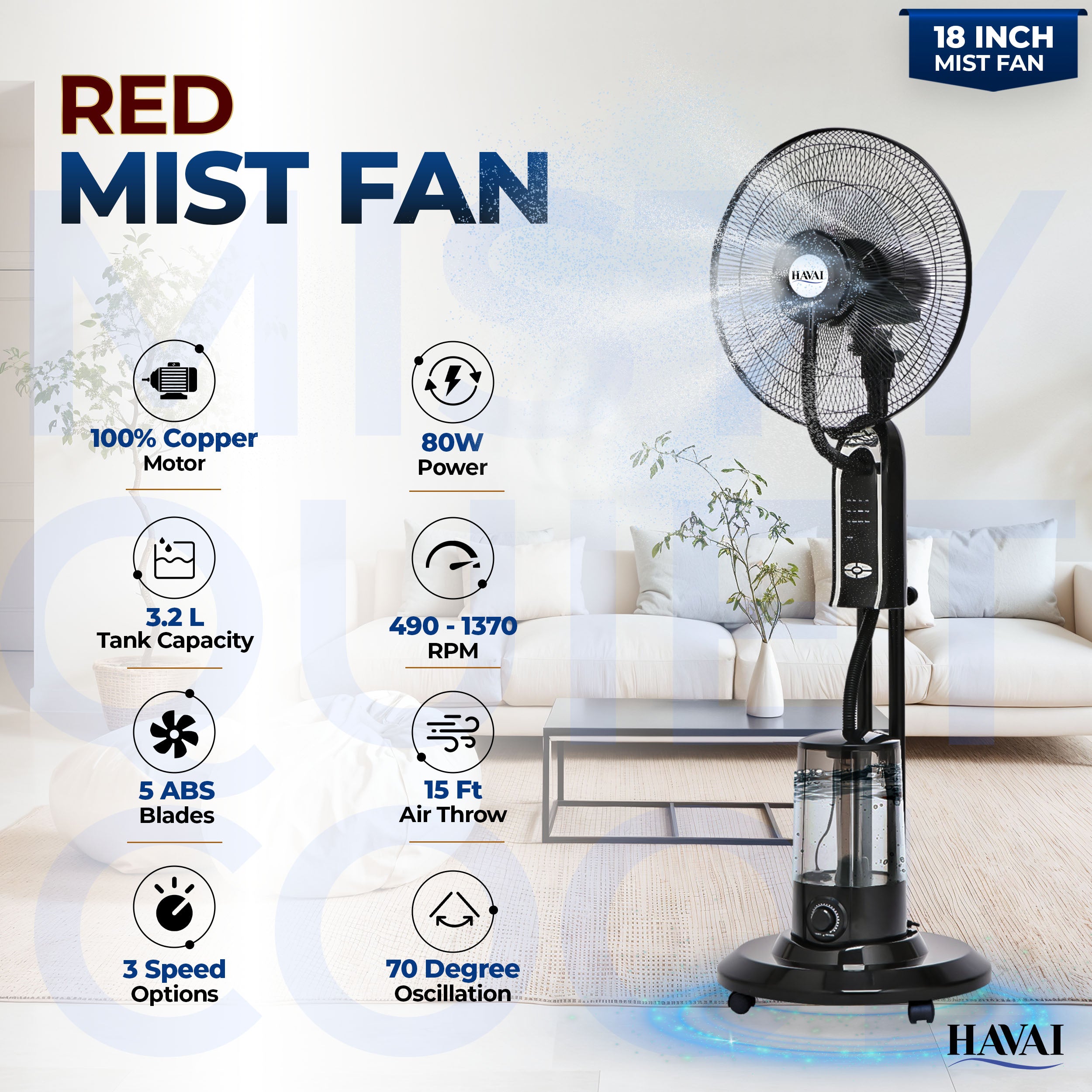 HAVAI RED 18" BLDC Mist Pedestal Fan – High-Speed, Remote &amp; Touch Control, 3.2L Tank, 80W Power, 350 Sq Ft Coverage, Easy Install, Black (Copy)