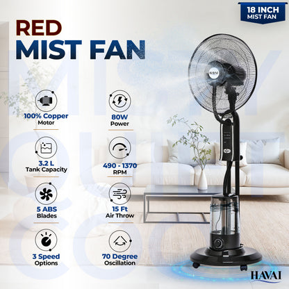 HAVAI RED 18" BLDC Mist Pedestal Fan – High-Speed, Remote &amp; Touch Control, 3.2L Tank, 80W Power, 350 Sq Ft Coverage, Easy Install, Black (Copy)