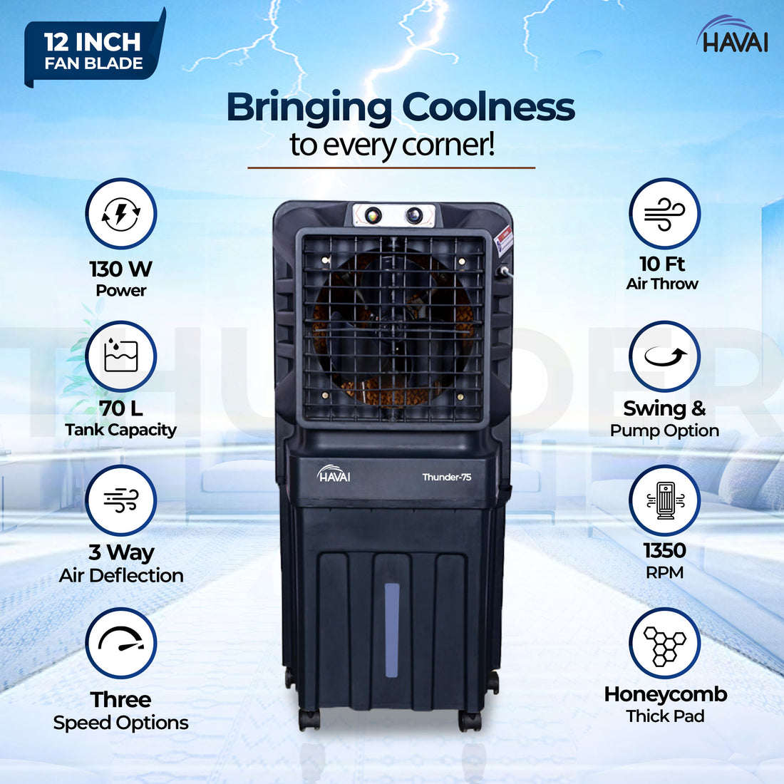 HAVAI Thunder-75 Tower Air Cooler | 70L Tank | 12″ Blade | Ideal for 150 sq ft Rooms | 130W Power | 10 ft Air Throw | 1350 RPM | Auto-Louver | 3-Speed | 1-Year On-Site Motor Warranty (Black)