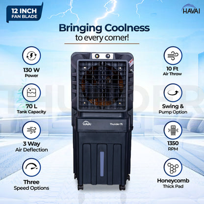 HAVAI Thunder-75 Tower Air Cooler | 70L Tank | 12″ Blade | Ideal for 150 sq ft Rooms | 130W Power | 10 ft Air Throw | 1350 RPM | Auto-Louver | 3-Speed | 1-Year On-Site Motor Warranty (Black)