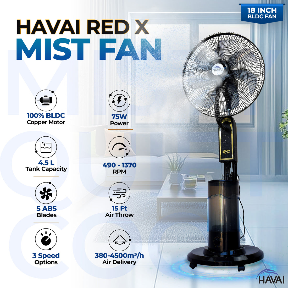 HAVAI RED X 18" BLDC Mist Pedestal Fan – High-Speed, Remote &amp; Touch Control, 4.5L Tank, 75W Power, 350 Sq Ft Coverage, Easy Install, Black