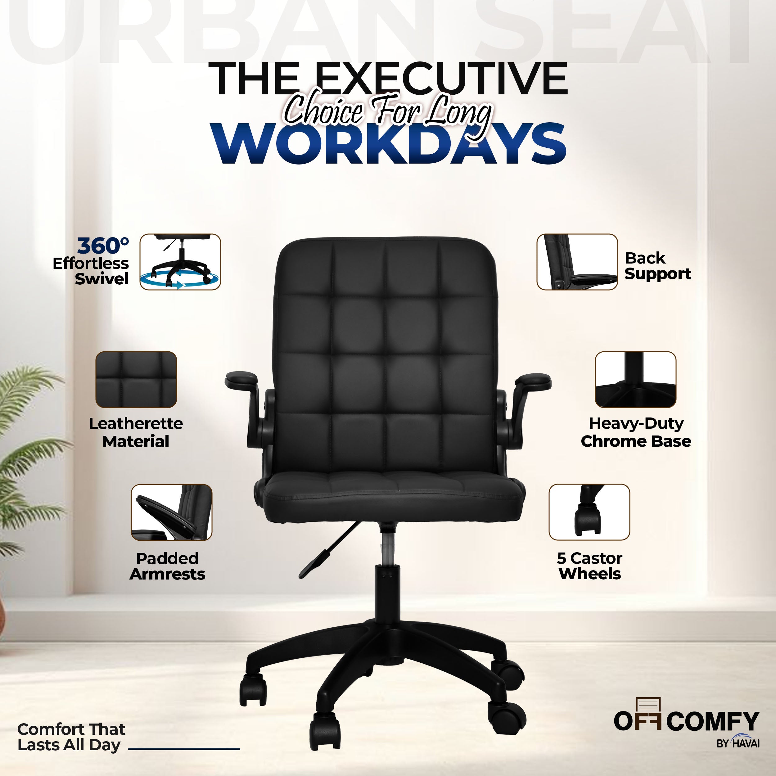 HAVAI Urban Seat Executive Office Chair | Premium Black PVC Upholstery | Ergonomic Cushioned Seat | Class 1 Gas Lift | Nylon Base &amp; Wheels | Home, Office &amp; WFH Chair