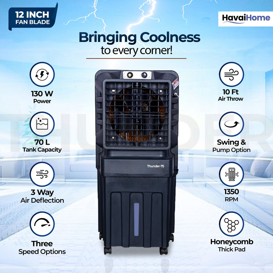 Thunder-75 Tower Air Cooler | 70L Tank | 12″ Blade | Ideal for 150 sq ft Rooms | 130W Power | 10 ft Air Throw | 1350 RPM | Auto-Louver | 3-Speed | 1-Year On-Site Motor Warranty (Black)