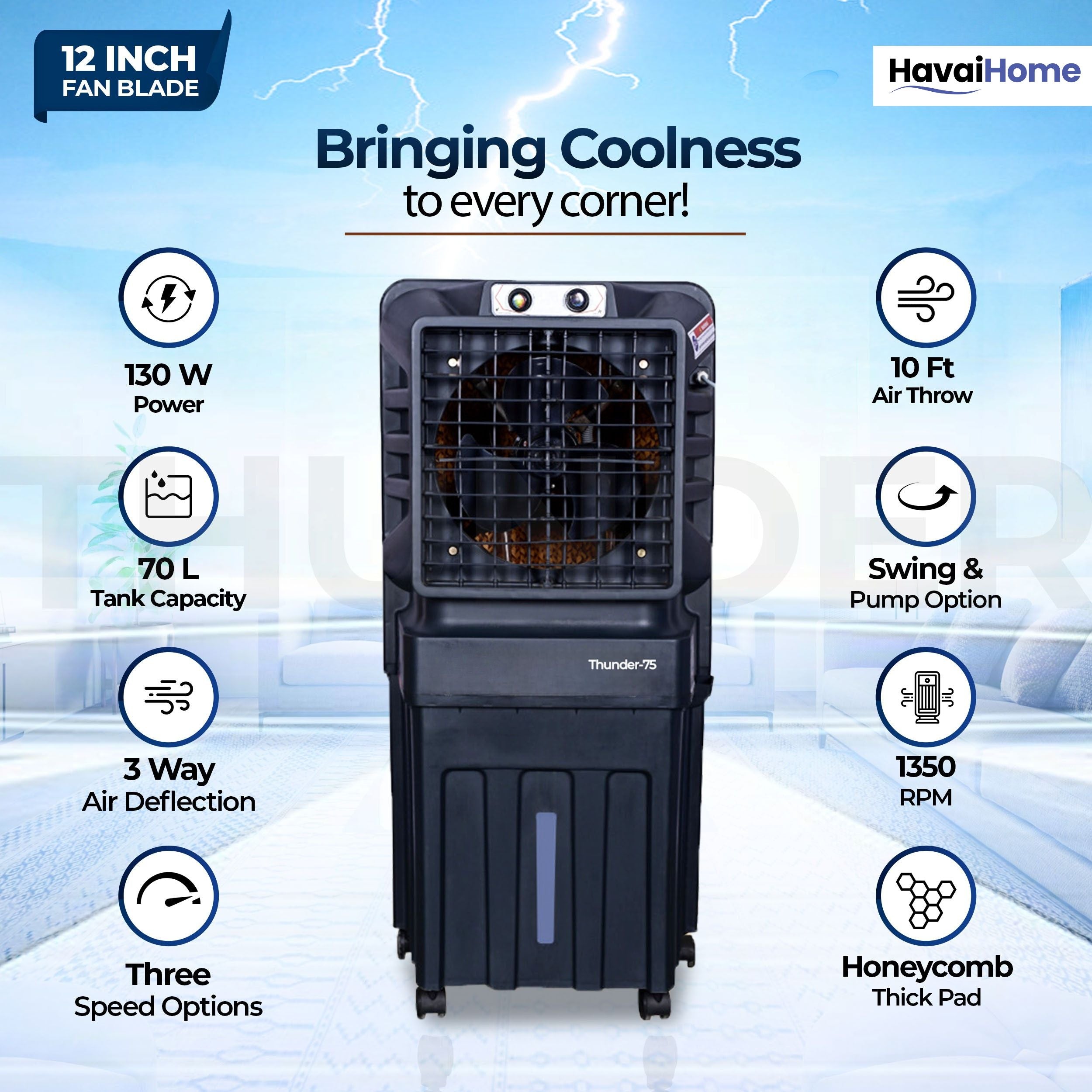 Thunder-75 Tower Air Cooler | 70L Tank | 12″ Blade | Ideal for 150 sq ft Rooms | 130W Power | 10 ft Air Throw | 1350 RPM | Auto-Louver | 3-Speed | 1-Year On-Site Motor Warranty (Black)