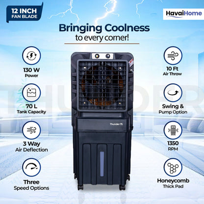 Thunder-75 Tower Air Cooler | 70L Tank | 12″ Blade | Ideal for 150 sq ft Rooms | 130W Power | 10 ft Air Throw | 1350 RPM | Auto-Louver | 3-Speed | 1-Year On-Site Motor Warranty (Black)