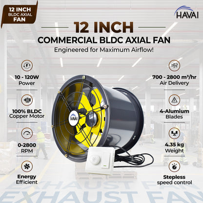 HAVAI 12-Inch Commercial BLDC Axial Fan | Stepless Speed Control | Aluminium Alloy Blade | Low Noise | 700–2800 m³/h Air Volume | 40–80% Energy Saving | Maintenance-Free BLDC Motor | 2-Year Warranty