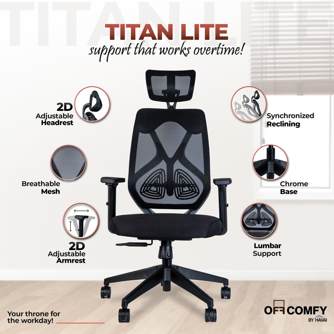 Off Comfy by HAVAI - Titan Lite Black Chair |  Korean Mesh | 2D Arms | Lumbar |  Seat Slider | Gaslift | Chrome Base | 60mm Castors
