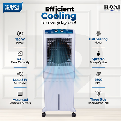 HAVAI Arizona 12 Personal Air Cooler | 12-Inch Fan | 60L Water Tank | Air Throw up to 8 Feet | 2000 m³/hr Air Delivery | 3-Side Honeycomb Pads | Motorised Louvers | Energy Efficient 120W | White