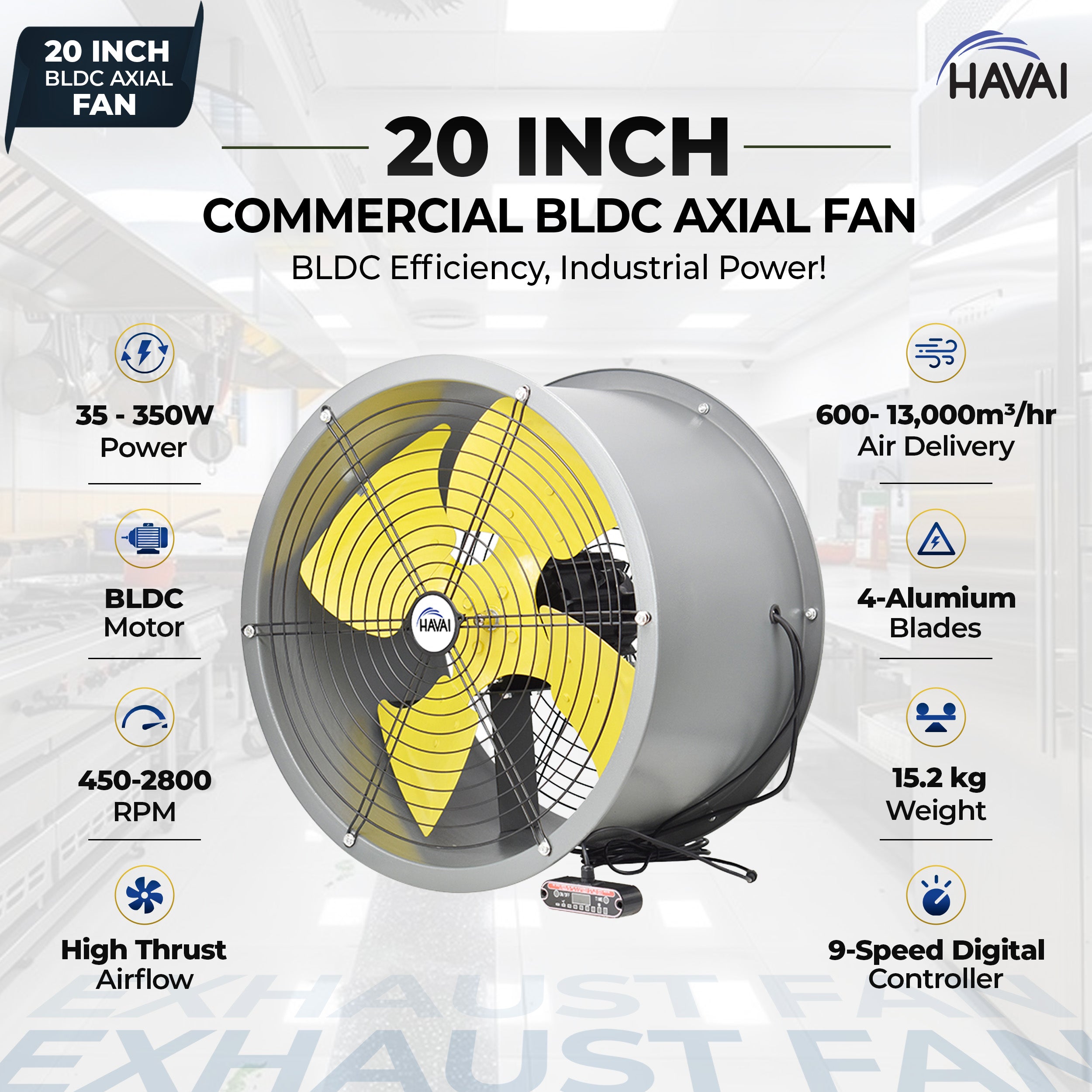 HAVAI 20-Inch Heavy Duty BLDC Axial Fan | Maintenance-Free BLDC Motor | 4-Leaf 2mm Aluminium Blades | 9-Speed Digital Controller | 600–13,000 m³/hr | 35W–350W | 2-Year Warranty
