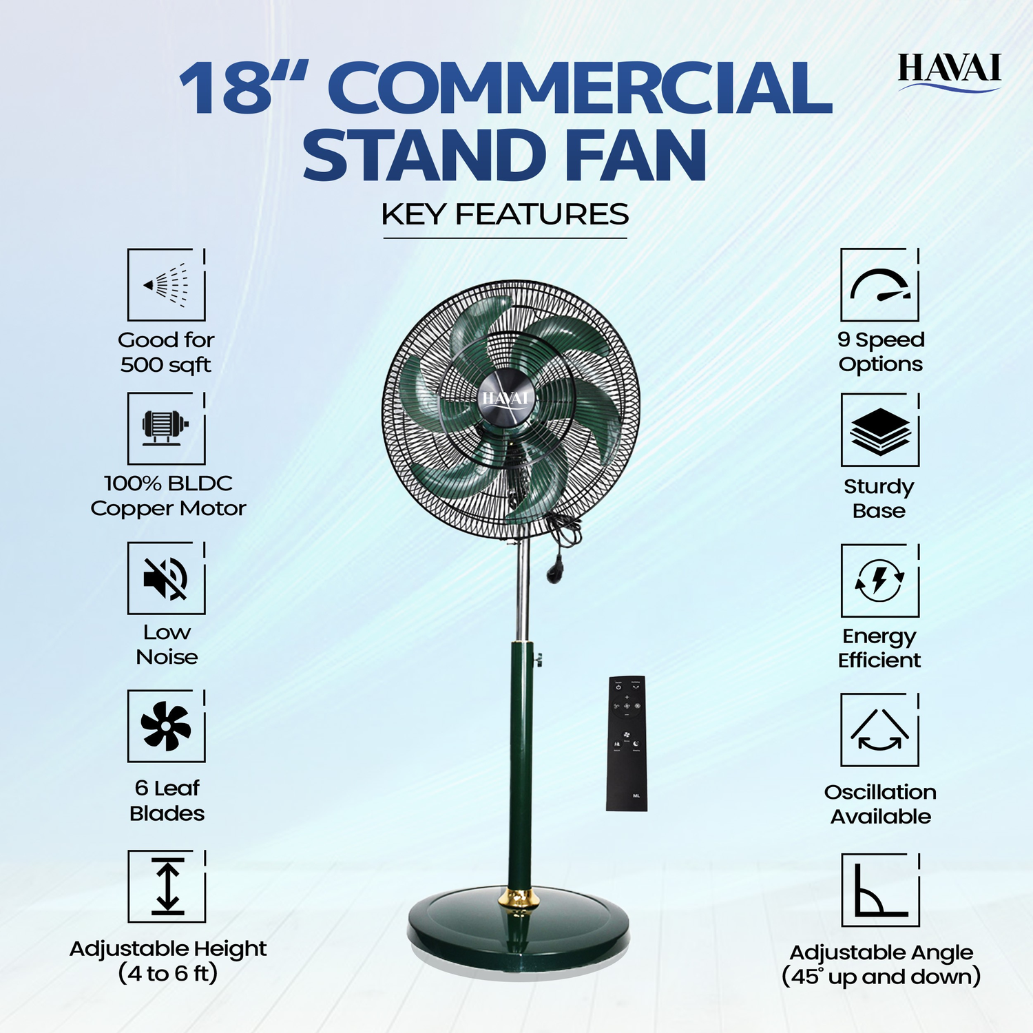 HAVAI BLDC 18" Pedestal Fan, Soundless, 50% Savings On Electricity, High Velocity,For Commercial And Residential Use, Assembly Included , Green - With Remote