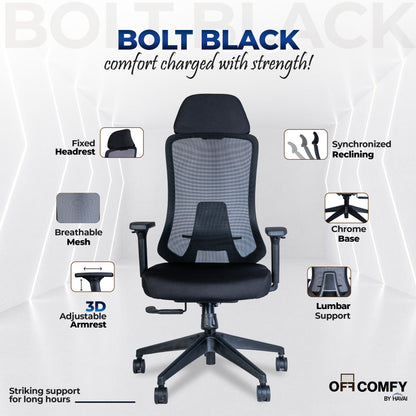 Off Comfy by HAVAI - Bolt Black Ergonomic Office Chair |  Yuva Mesh Back | 4D Arms with PU Pad | 1D Lumbar Support |  Auto Weight Mechanism with 4-Point Lock | Seat Slider | Crystal Chrome Base | 60mm Castors