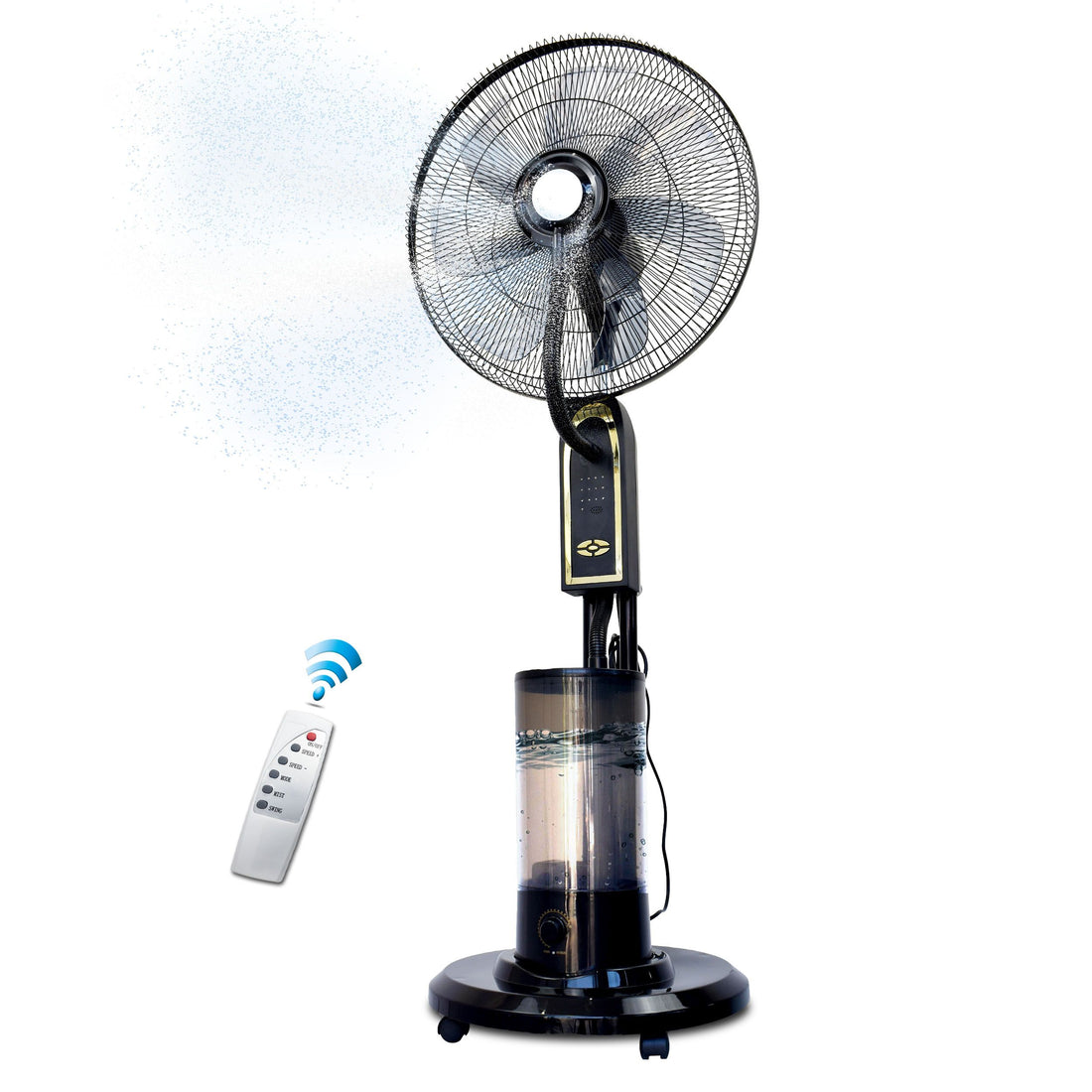RED X 18" BLDC Mist Pedestal Fan – High-Speed, Remote &amp; Touch Control, 4.5L Tank, 75W Power, 350 Sq Ft Coverage, Easy Install, Black