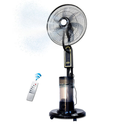 RED X 18" BLDC Mist Pedestal Fan – High-Speed, Remote &amp; Touch Control, 4.5L Tank, 75W Power, 350 Sq Ft Coverage, Easy Install, Black