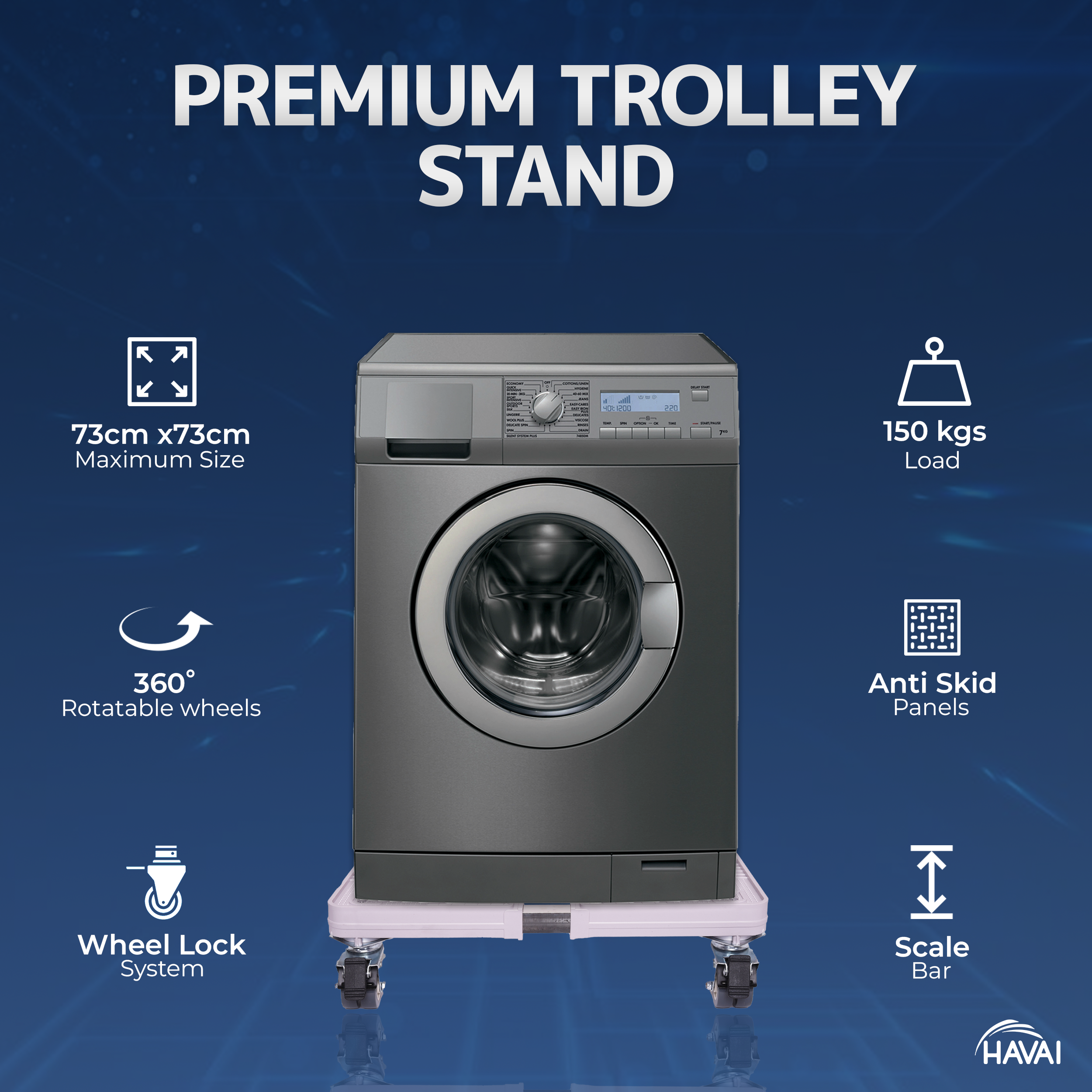 HAVAI Premium Trolley Stand with Wheels – For Heavy Duty Adjustable Top Load Washing Machine/Refrigerator/Fridge/Dishwasher/Air Cooler: Colour - Bluish Grey