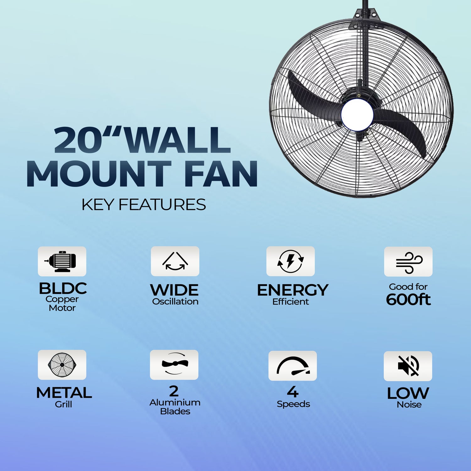 BLDC Wall Mount Fan 20 Inch, 50% Savings On Electricity, High Velocity, Heavy Duty Metal For Industrial, Commercial And Residential Use, Assembly Included , Black