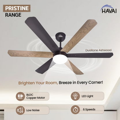 HAVAI Pristine Dualtone Range BLDC Ceiling Fan - 6 Blades - 35W, Ashwood and Smoke Brown 1200mm Blade with Remote (White Motor – 9W LED)