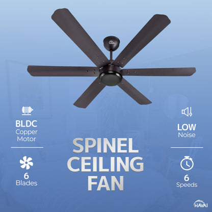 HAVAI Spinel BLDC Ceiling Fan - 6 Blades – Black Motor - 35W, 1200mm Blade with Remote – 0.5W LED (Smokey Brown)