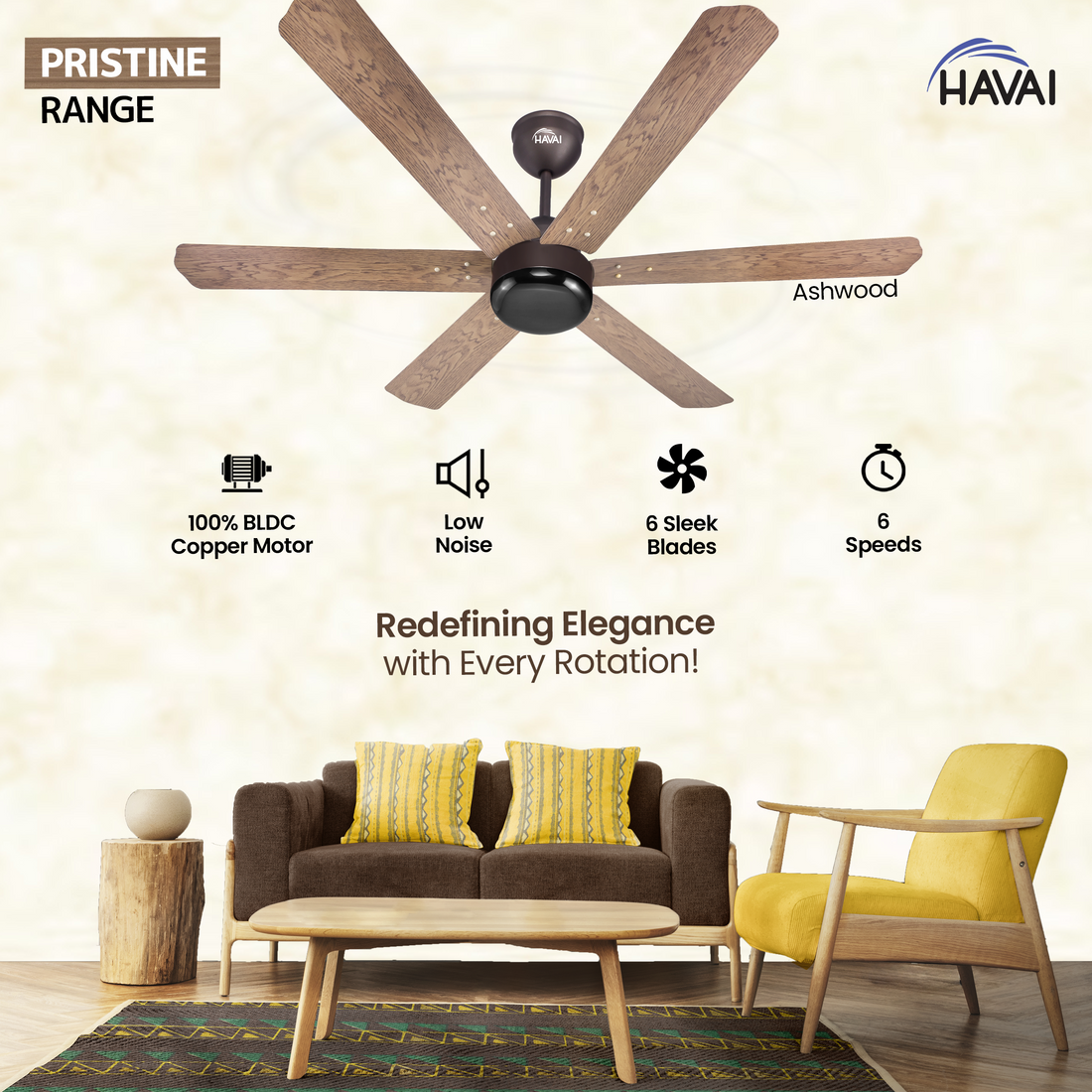 HAVAI Pristine Wooden Range BLDC Ceiling Fan - 6 Blades - 35W, Ashwood 1200mm Blade with Remote (BLACK 0.5 LED)…