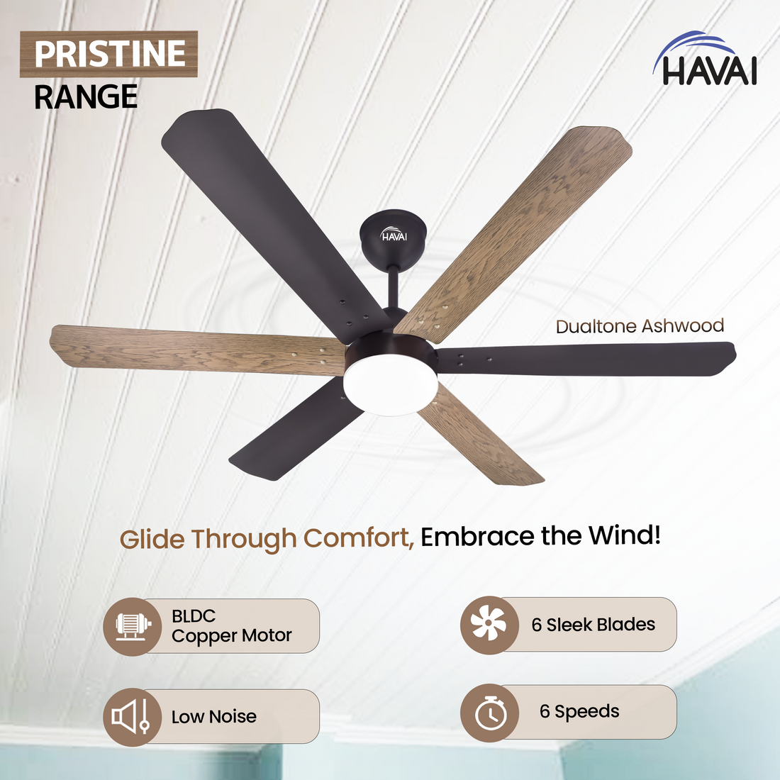 HAVAI Pristine Dualtone Range BLDC Ceiling Fan - 6 Blades - 35W, Ashwood and Smoke Brown 1200mm Blade with Remote (White Motor – 0.5W LED)