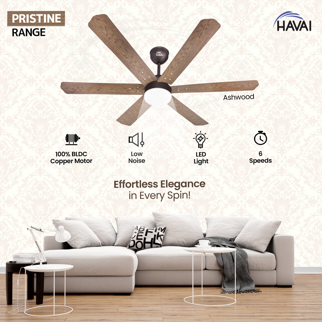 HAVAI Pristine Wooden Range BLDC Ceiling Fan - 6 Blades - 35W, Ashwood 1200mm Blade with Remote (WHITE 9W LED)…