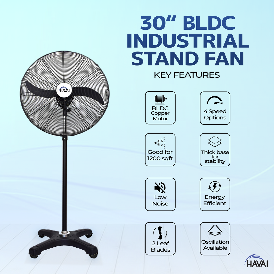 Havai BLDC Pedestal Fan 30 Inch, 50% Savings On Electricity, High Velocity, Heavy Duty Metal For Industrial, Commercial And Residential Use, Assembly Included , Black