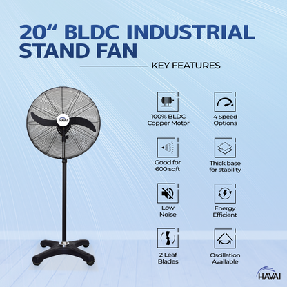 Havai BLDC Pedestal Fan 20 Inch, 50% Savings On Electricity, High Velocity, Heavy Duty Metal For Industrial, Commercial And Residential Use, Assembly Included , Black