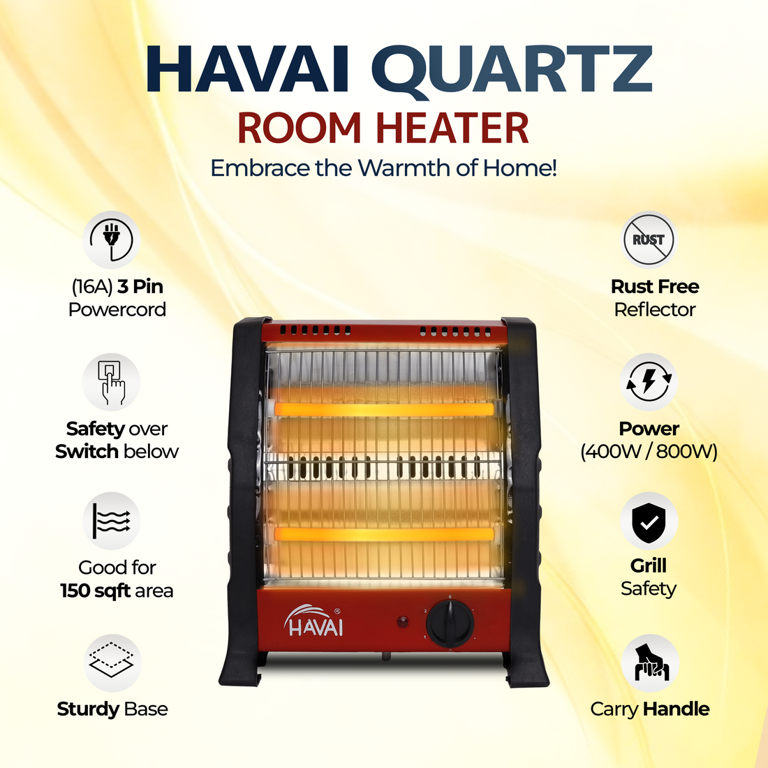 HAVAI Heat Pro Metal Quartz Room Heater - 800 Watts I 2 Heat Settings (2 Rods, Black, Red)