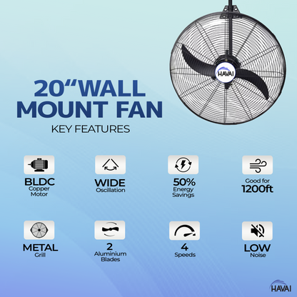 Havai BLDC Wall Mount Fan 20 Inch, 50% Savings On Electricity, High Velocity, Heavy Duty Metal For Industrial, Commercial And Residential Use, Assembly Included , Black