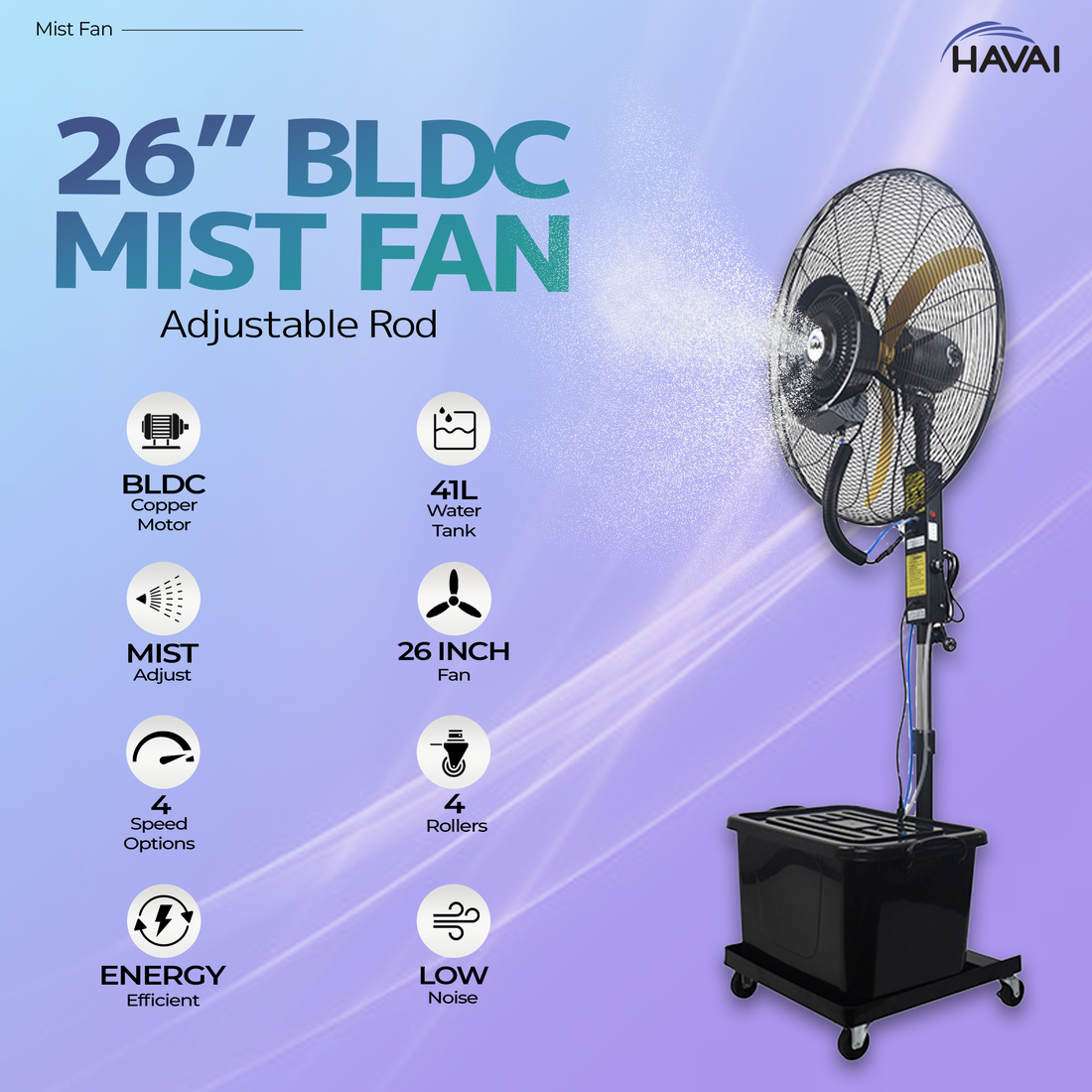 HAVAI BLDC Mist Fan 26 inch with Adjustable Rod, 41 Litre Tank, Assembly Included