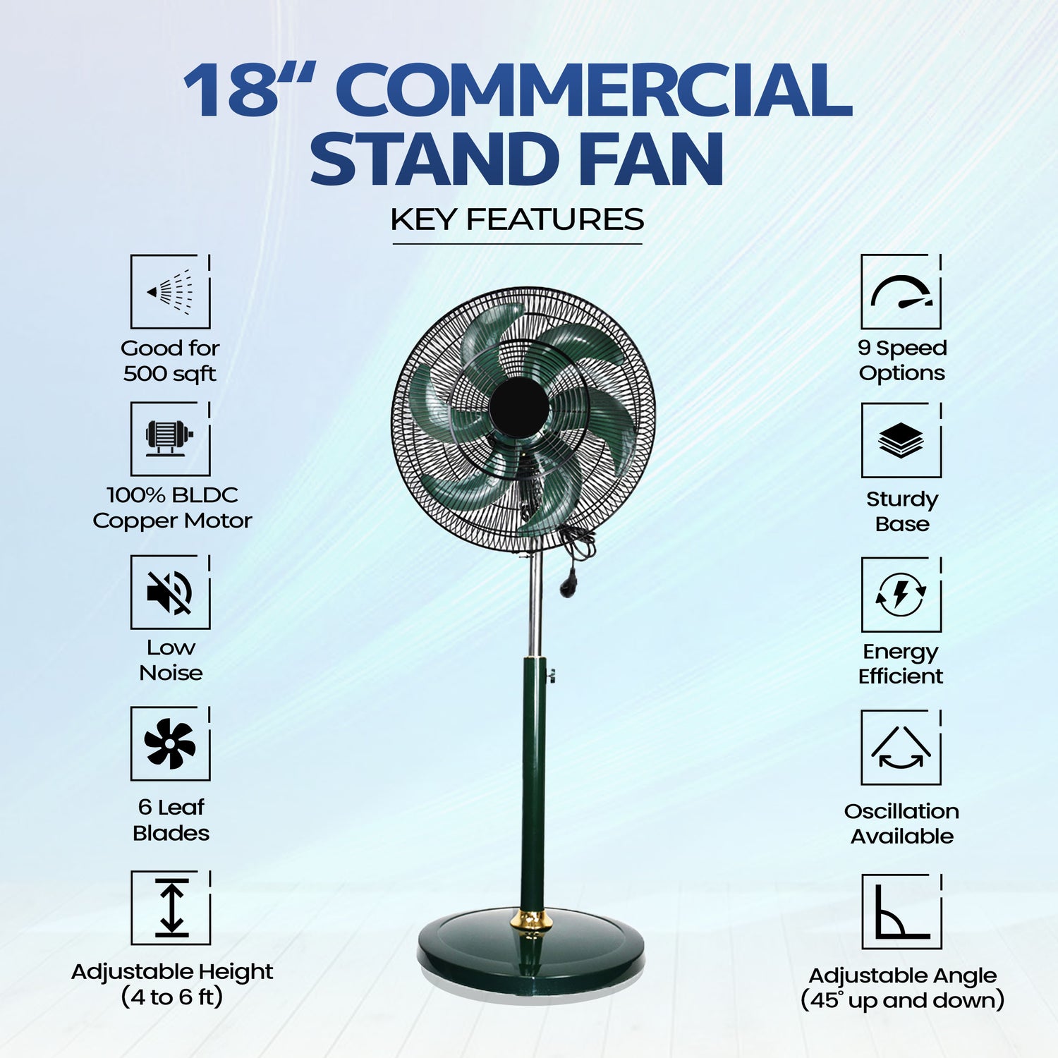 BLDC 18" Pedestal Fan, Soundless, 50% Savings On Electricity, High Velocity,For Commercial And Residential Use, Assembly Included , Green - Without Remote