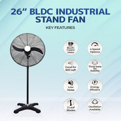 BLDC Pedestal Fan 26 inch, 50% Savings on Electricity, High Velocity, Heavy Duty Metal for Industrial, Commercial and Residential Use, Assembly Included