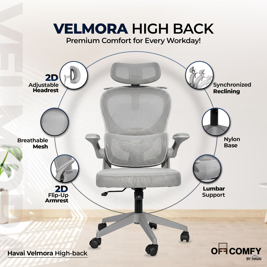 HAVAI Velmora Ergonomic Office Chair | High Back Mesh Chair with Reclining Mechanism, Adjustable Armrest, Headrest &amp; Lumbar Support | Nylon Base &amp; Wheels | Executive/WFH Chair (Grey)