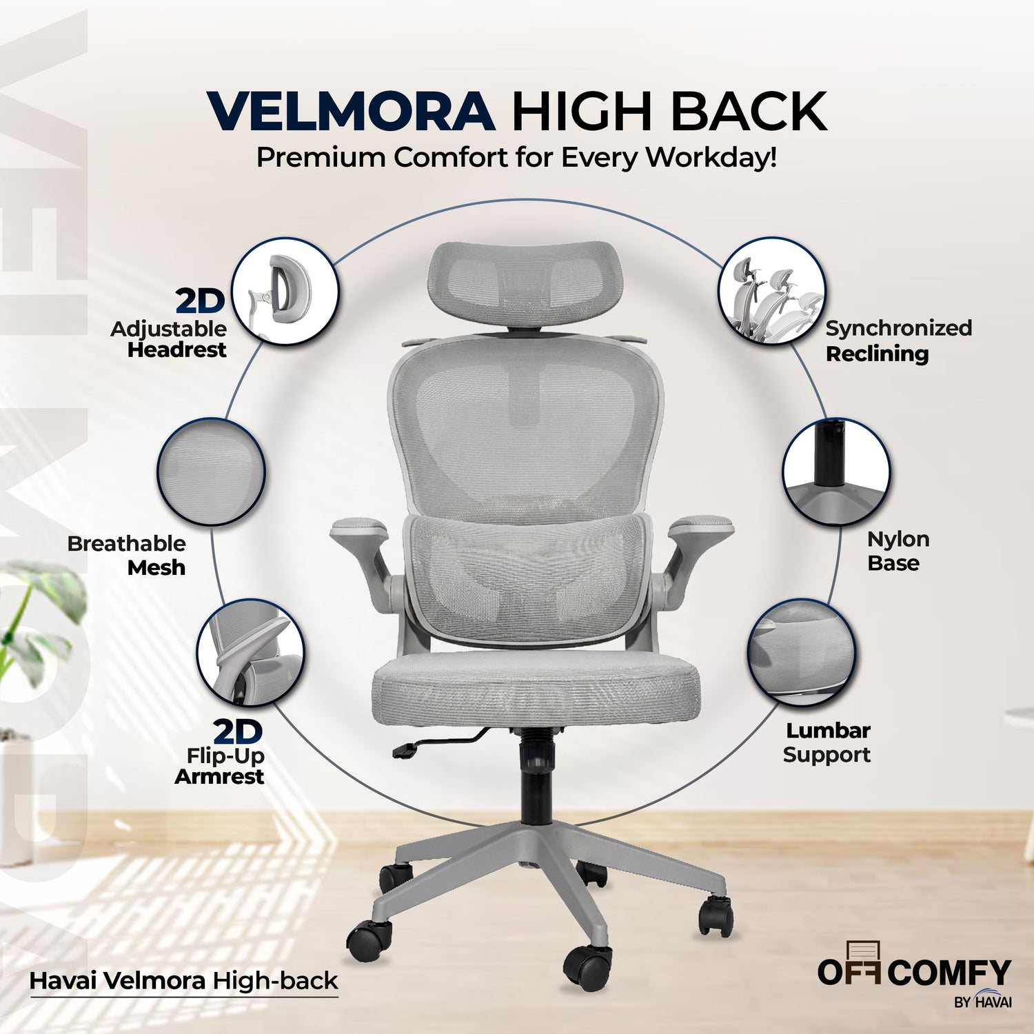 HAVAI Velmora Ergonomic Office Chair | High Back Mesh Chair with Reclining Mechanism, Adjustable Armrest, Headrest &amp; Lumbar Support | Nylon Base &amp; Wheels | Executive/WFH Chair (Grey)