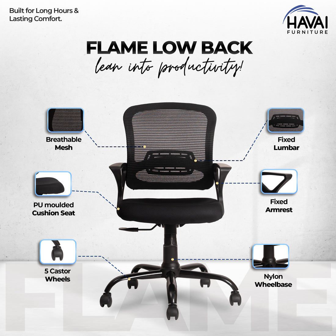HAVAI Flame Back Low Back Ergonomic Mesh Office Chair |  Single Lock Tilt Mechanism | Mild Steel EPC Base |  Class 4 Gaslift | Fixed Armrests | 50mm Casters | Breathable Mesh Back