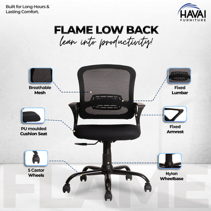 HAVAI Flame Back Low Back Ergonomic Mesh Office Chair |  Single Lock Tilt Mechanism | Mild Steel EPC Base |  Class 4 Gaslift | Fixed Armrests | 50mm Casters | Breathable Mesh Back