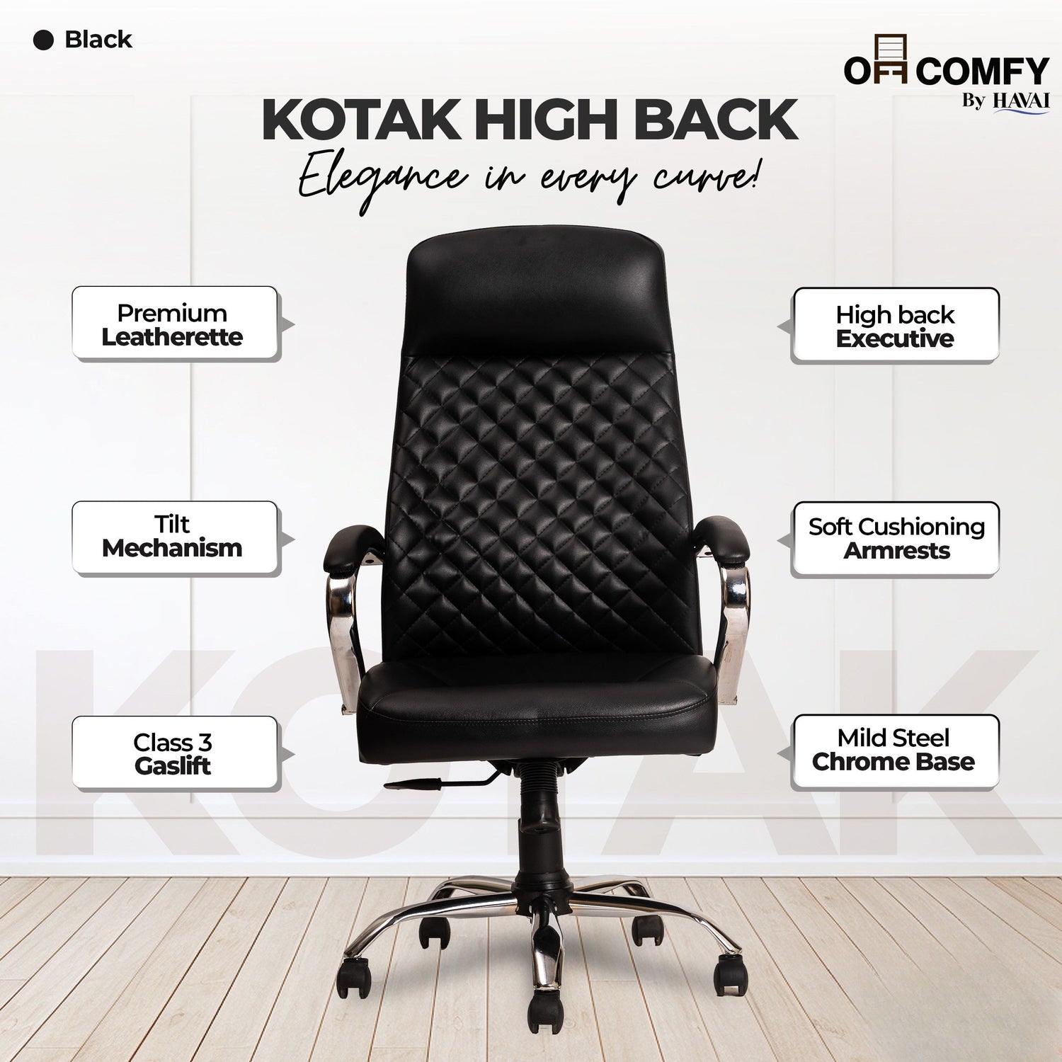 Prime High Back Office Chair | Ergonomic Executive Chair |  Premium Leather | Single Lock Tilt Mechanism |  Mild Steel Chrome Base &amp; Arms | Class 4 Gaslift |  50mm Casters | High-Density Back &amp; Seat Cushion (Black)