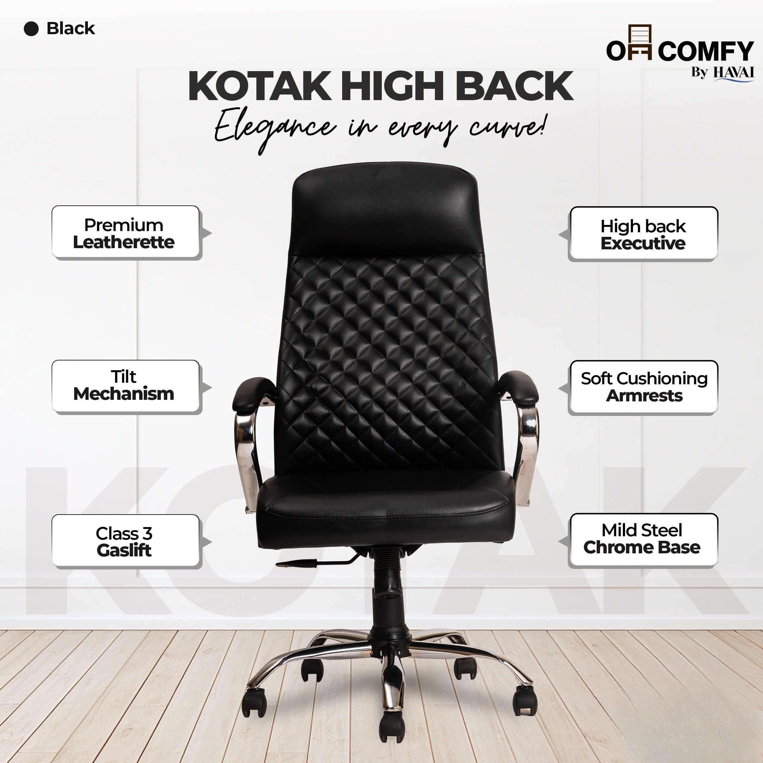 Prime High Back Office Chair | Ergonomic Executive Chair |  Premium Leather | Single Lock Tilt Mechanism |  Mild Steel Chrome Base &amp; Arms | Class 4 Gaslift |  50mm Casters | High-Density Back &amp; Seat Cushion (Black)