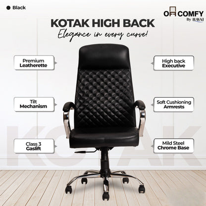 Prime High Back Office Chair | Ergonomic Executive Chair |  Premium Leather | Single Lock Tilt Mechanism |  Mild Steel Chrome Base &amp; Arms | Class 4 Gaslift |  50mm Casters | High-Density Back &amp; Seat Cushion (Black)