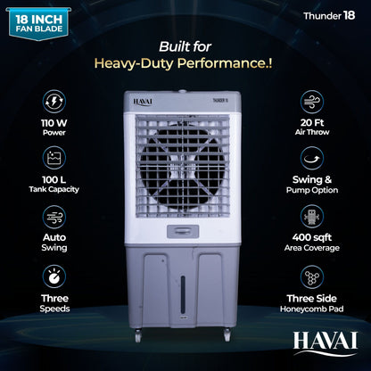 HAVAI Thunder 18 Desert Cooler | 18” Heavy-Duty Aluminium Fan Blade | 110 Dia 35mm Powerful Motor | Auto Swing | 3-Side Honeycomb Pads | 20 Ft Air Throw | 100L Tank | 1-Year Motor Warranty + Post-Warranty Support | White &amp; Grey