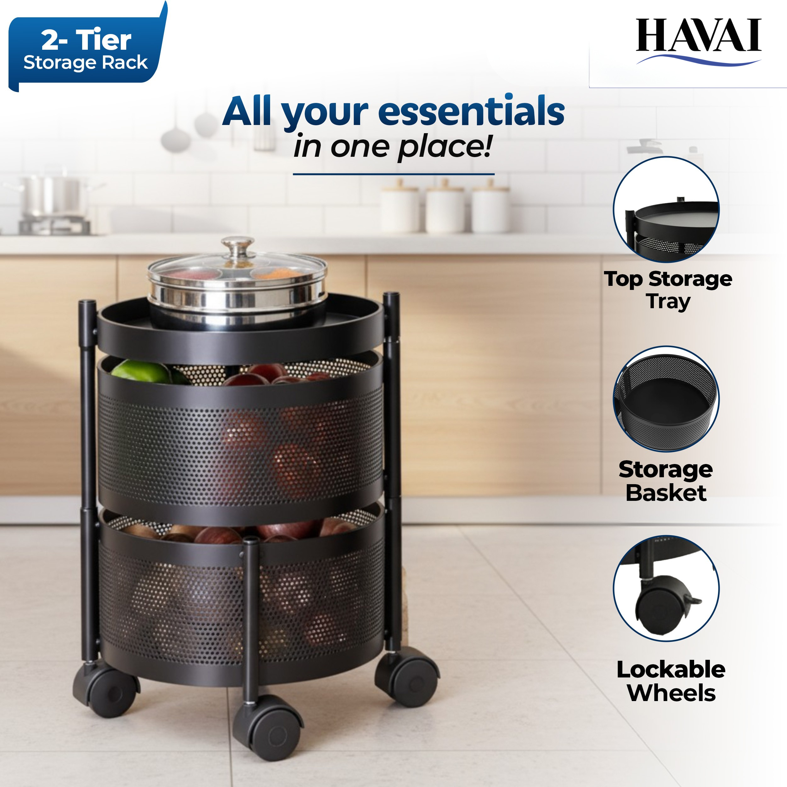Havai 2 Tier Round Rolling Kitchen Storage Rack | Sturdy Metal Frame| Space-Saving Utility Shelf – Black